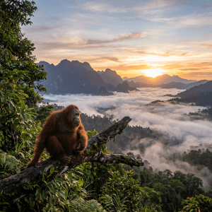 Orangutan perched on a large branch overlooking mist-covered mountainous forest at sunrise